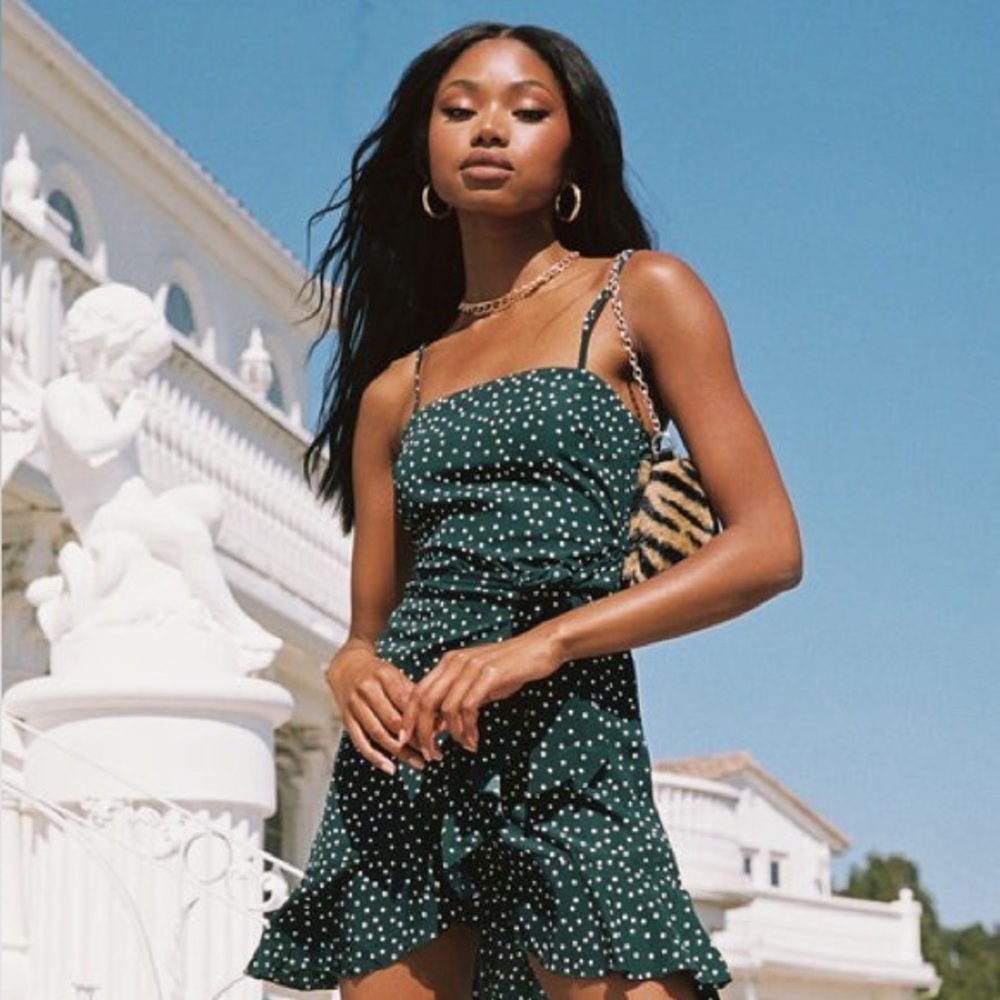 Princess Polly Caesura Mini Dress Women's Teal Ruffle Hem Polka Dots
